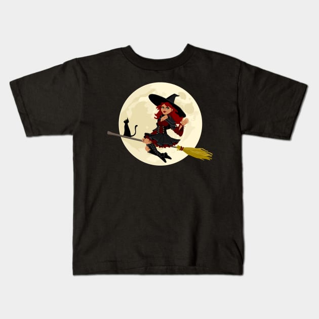 Good Witch With Black Cat On Broomstick Waving Hello Kids T-Shirt by MonkeyBusiness